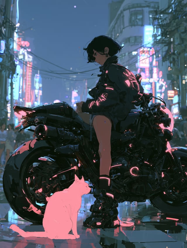 girl, cat and motorcycle,Neon Cyberpunk