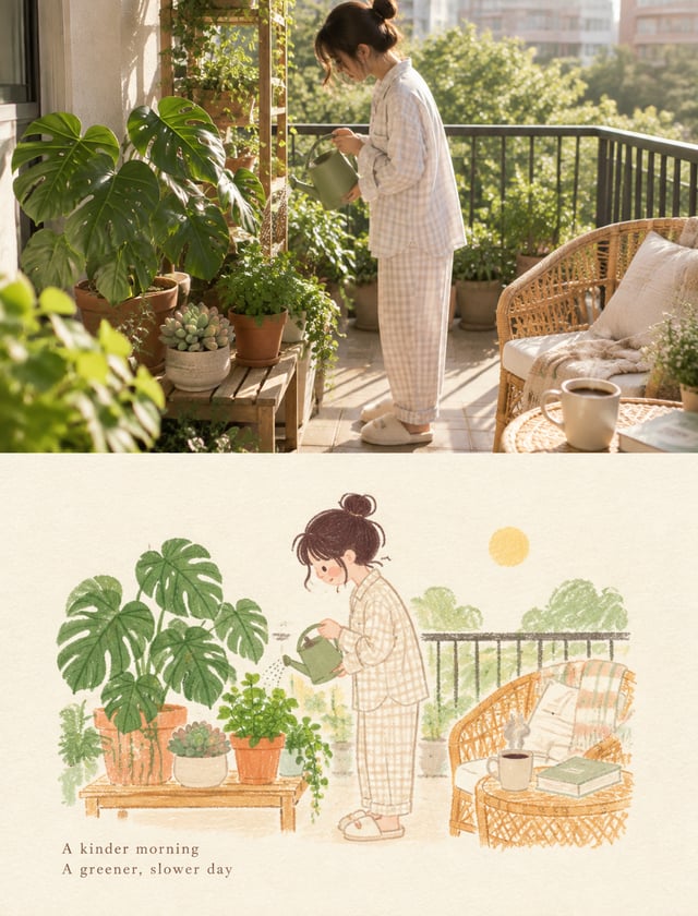 【场景设定】竖版 3:4「实景照片 + 明亮生活化插画」记忆卡。场景：清晨的小阳台，一人穿着家居服拿着浇水壶给一排绿植浇水，有龟背竹、多肉和小盆薄荷，阳光洒在瓷砖地面和藤编椅上，旁边放着一杯冒着热气的