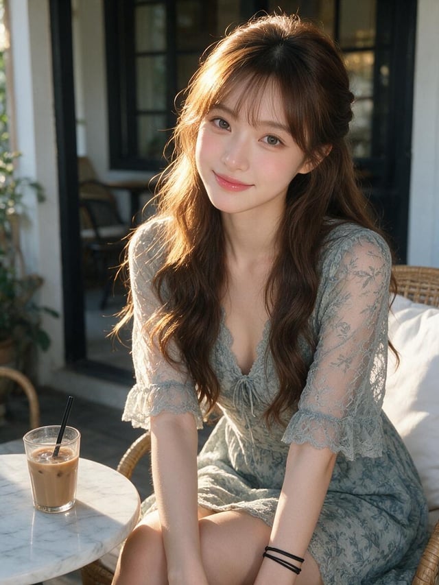 Phụ nữ trưởng thành 20 tuổi. Người phụ nữ ngồi trên ghế mây của hiên, thân trên hơi nghiêng về phía 