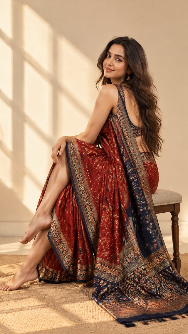 [UPLOAD YOUR IMAGE] A photorealistic high-fashion editorial portrait of an adult South Asian woman i