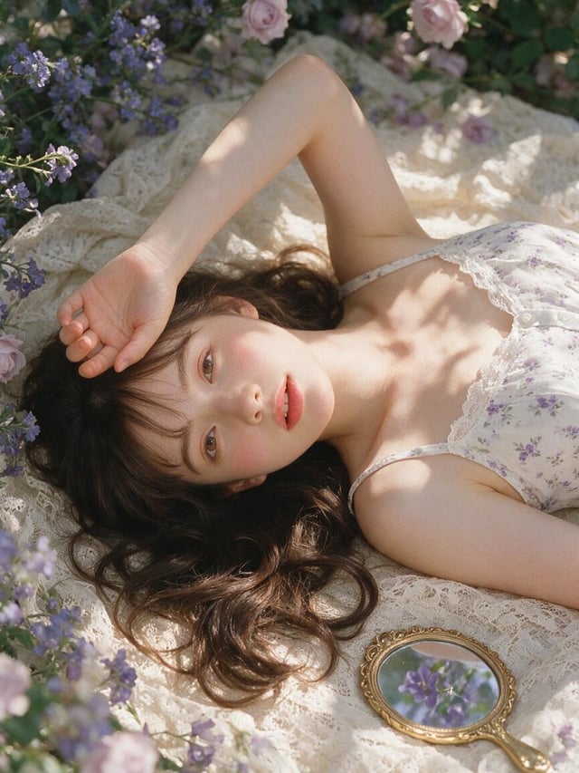 20代の成人女性。生成りのレース布に仰向け寄りに横たわる。頭は画面中央より左下、胴は右上へ伸び、人物の軸が画面を斜め横に横切る。人物・表情：柔らかな卵形の小さな顔と短い顎、淡い茶色の目で上のカメラを見