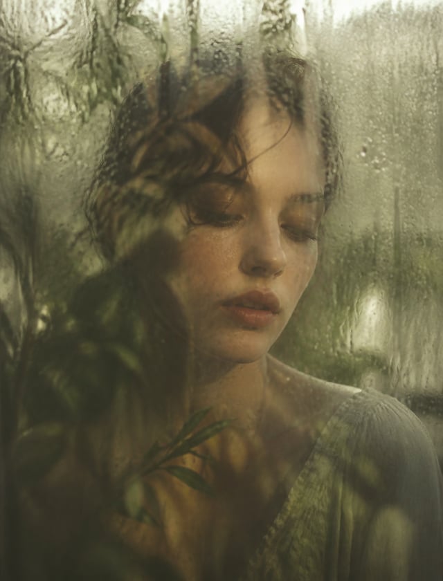 Сaptured in a dreamy ethereal soft-focus portrait photography style, shot through a wet glass pane.P