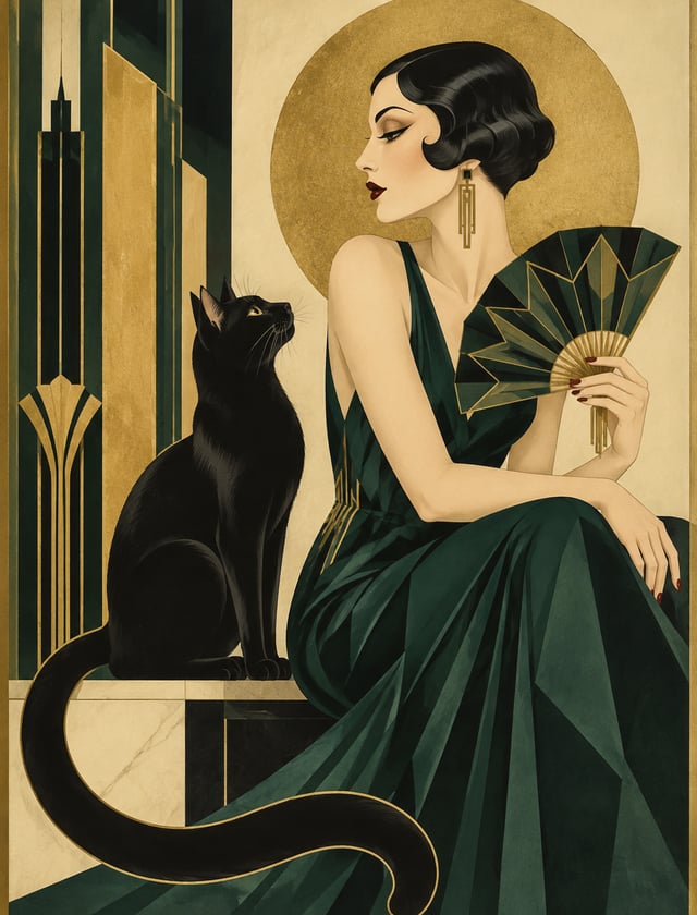 Create a sophisticated vintage Art Deco poster featuring an elegant woman in side profile, seated gr