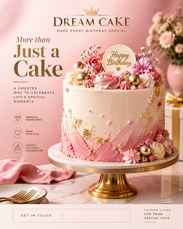 Create a premium birthday cake advertisement for a professional bakery.Use a beautiful, realistic bi