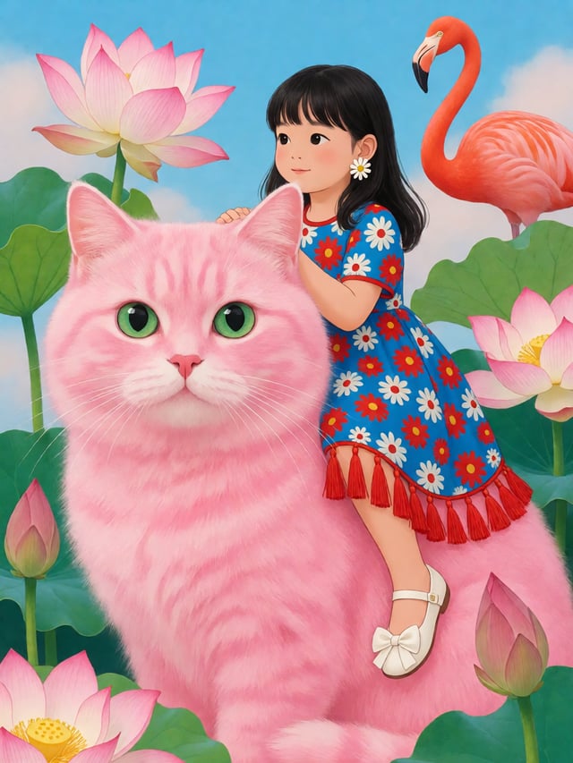 奇幻数字插画，前景巨大的蓬松粉色猫咪带绿眼睛和粉鼻子，黑发年轻女孩坐在猫背上，身穿蓝底红白雏菊印花连衣裙，裙摆红色流苏，白色系带鞋，大型白色雏菊形状耳环，温柔表情侧视，一只手搭在猫头，巨型荷花和绿叶环