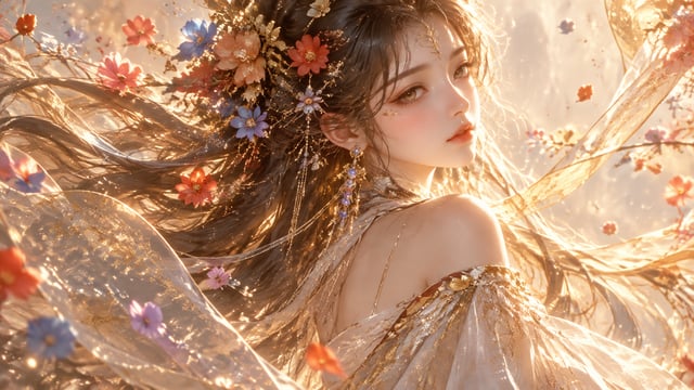 东方幻想风格女性，半身肖像，回眸侧脸，气质空灵优雅，柔和神性美感，细腻五官，微垂眼神，冷白细腻肌肤，淡雅橘粉妆容，金色高光点缀