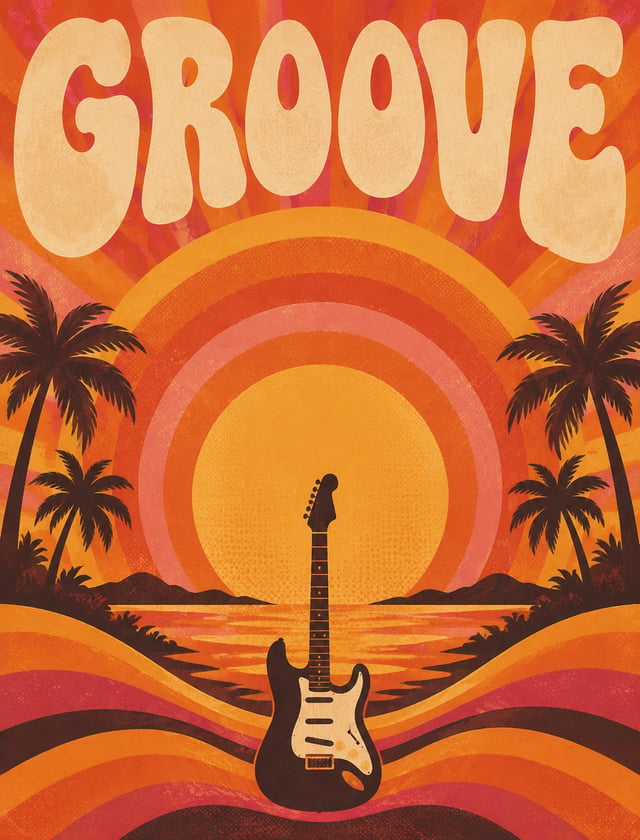 Music festival poster, vertical 3:4, retro 1970s 2D illustration with grain texture. A giant stylize