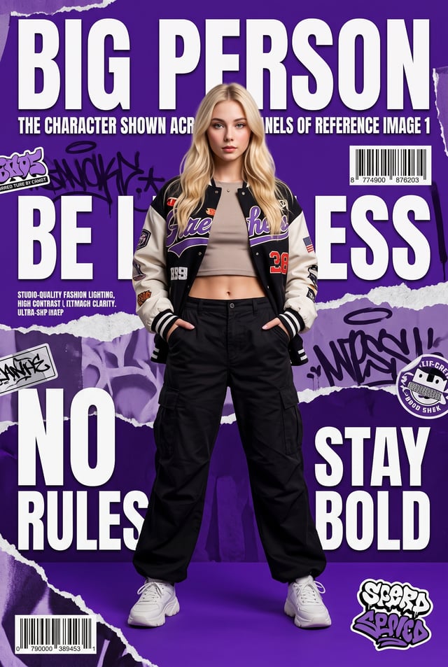[UPLOAD YOUR IMAGE] Create a high-fashion streetwear editorial poster featuring a stylish Korean wom