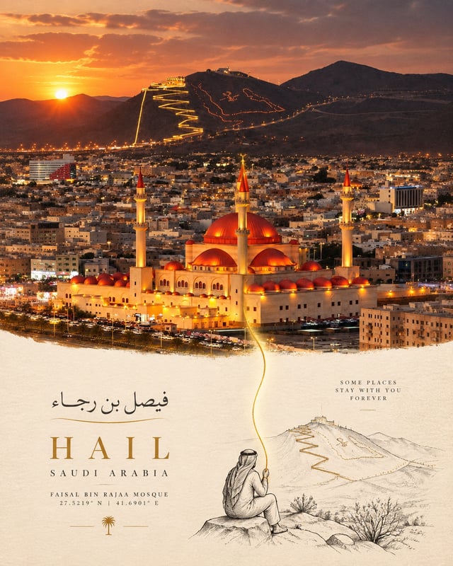 Create a sophisticated conceptual travel-art poster based on [فيصل بن رجاء / HAIL / SAUDI ARABIA ], 