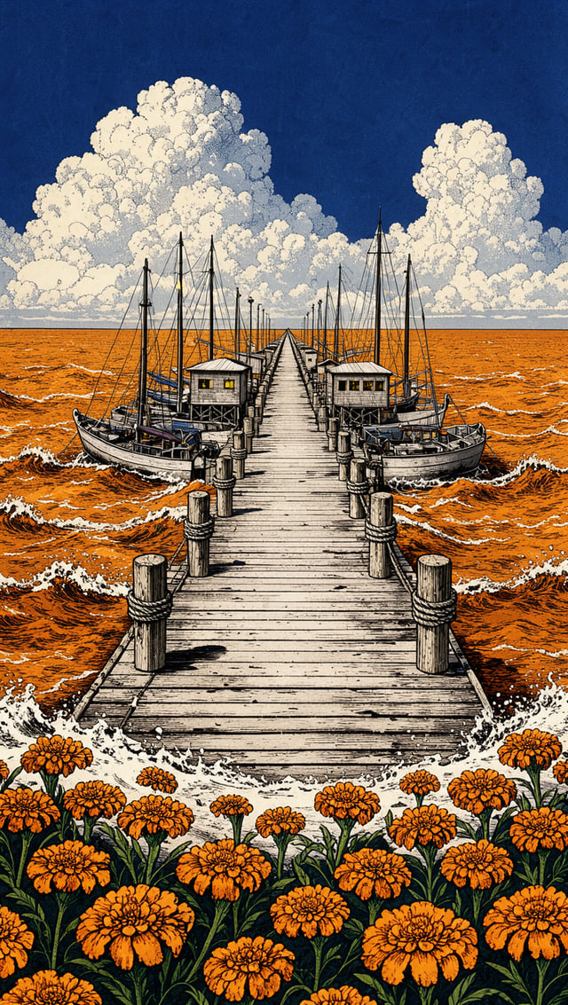 In a vertical 4:5 portrait orientation, draw a low view at water level looking down the length of a 