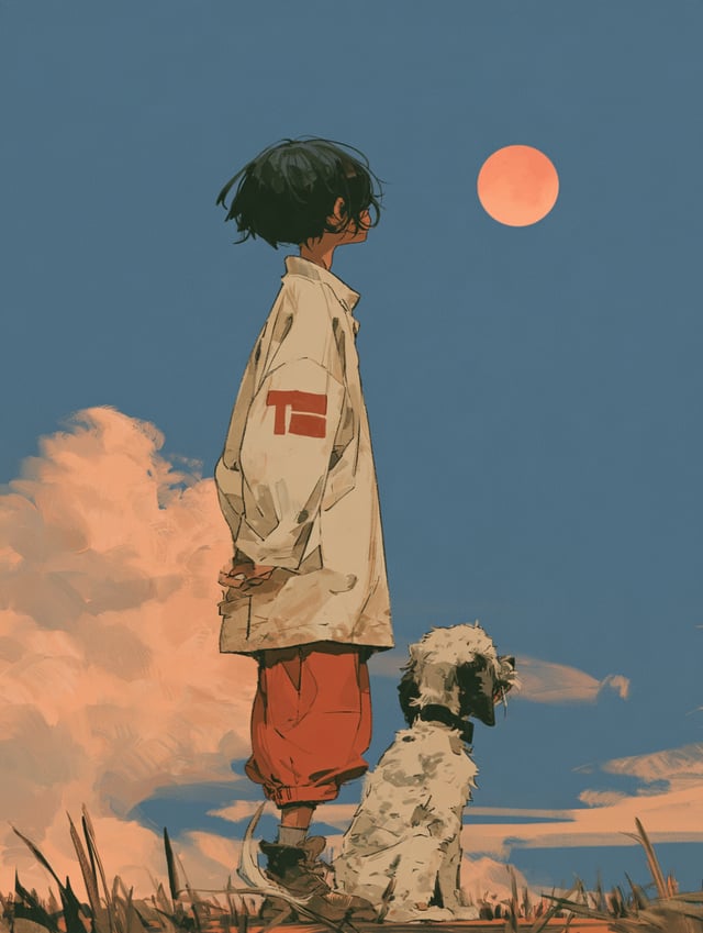 boy，dog and moon