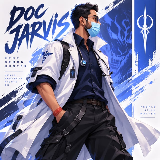 Create a stylized illustration of Doc Jarvis from the anime series Kpop demon hunter