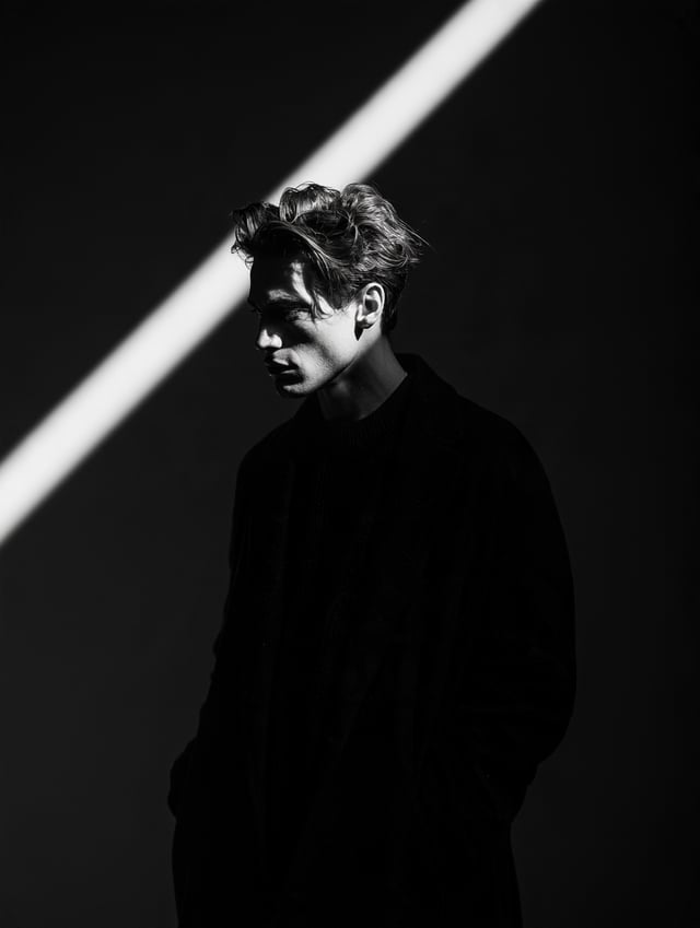 Ultra-cinematic black-and-white portrait of a young man standing in a dark minimalist studio, wearin