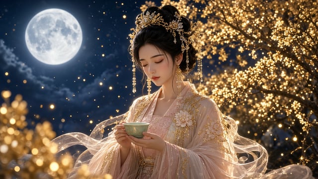 宽屏全景，8K超高清，虚幻引擎5渲染，国风3D古风美少女，精致细腻五官，闭着双眼，神情温婉恬静，乌黑古风高盘发髻，繁复华丽金色步摇流苏发饰，长款珍珠耳坠。身着重工刺绣古风汉服，衣身有粉白色立体花朵纹样