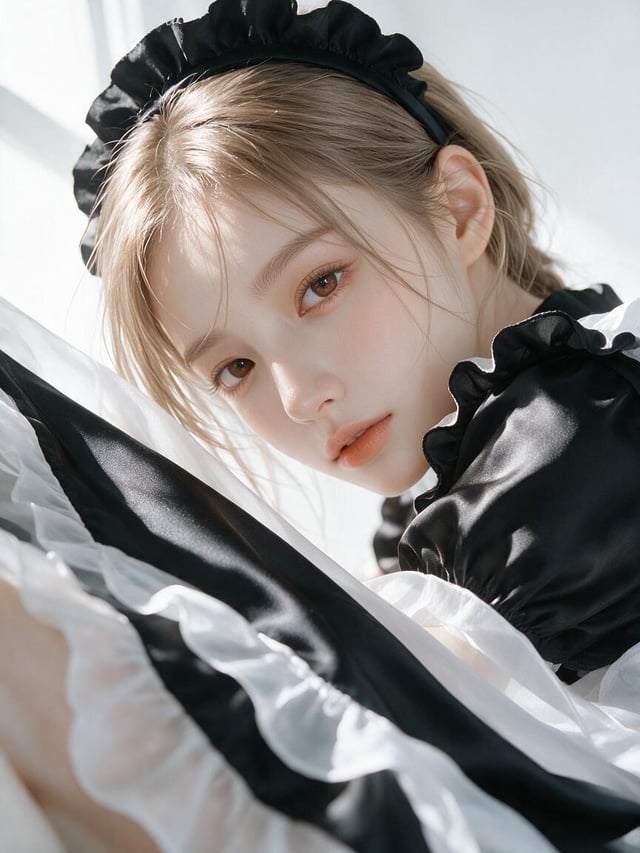 A stylized porcelain-skinned young woman in a black-and-white French maid-inspired outfit leans towa