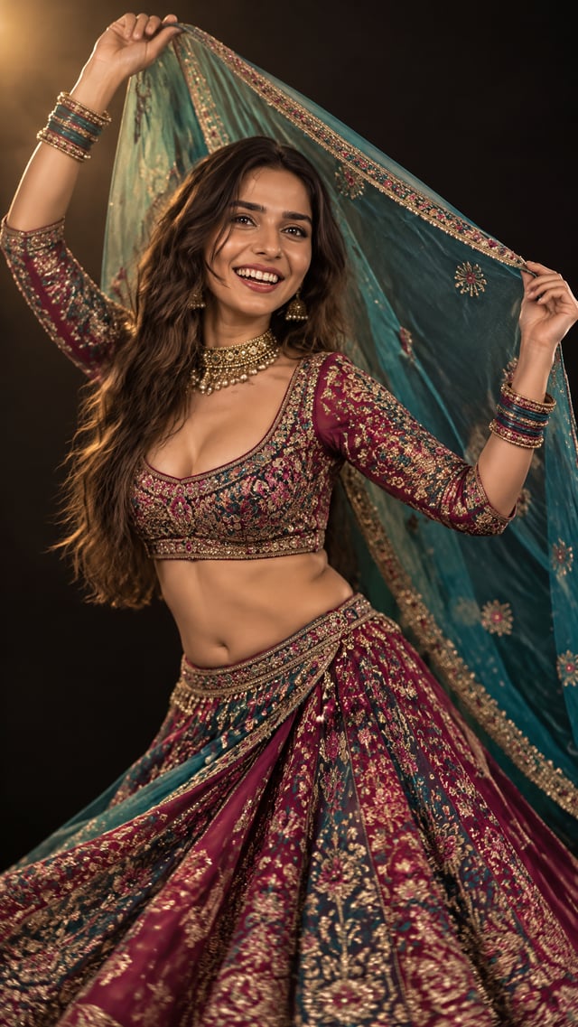 [UPLOAD YOUR IMAGE] An adult South Asian woman poses mid-dance, lifting a translucent teal veil abov