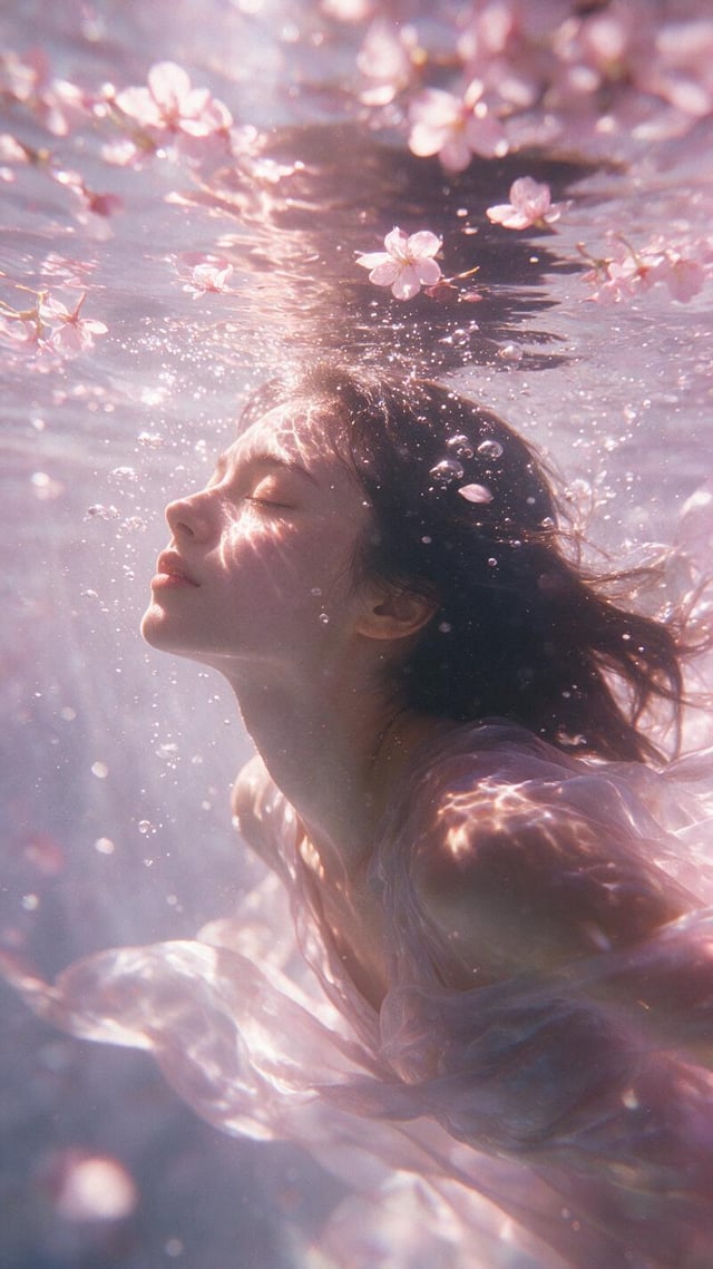 A cinematic ethereal underwater portrait of a young adult woman gracefully swimming underwater, surr