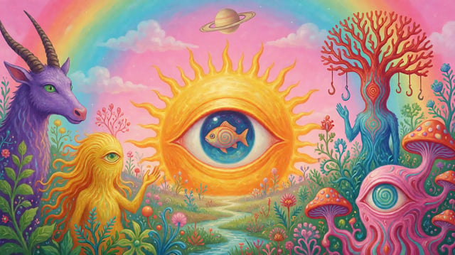 超现实主义数字插画，鲜艳迷幻色彩，梦幻奇幻景观，中央巨大的放射状太阳带有螺旋眼睛和瞳孔内漂浮的鱼，粉青色天空带彩虹渐变，顶部中心有一个小环状行星（类似土星），左侧紫色长角生物配绿色眼睛，黄色独眼生物带