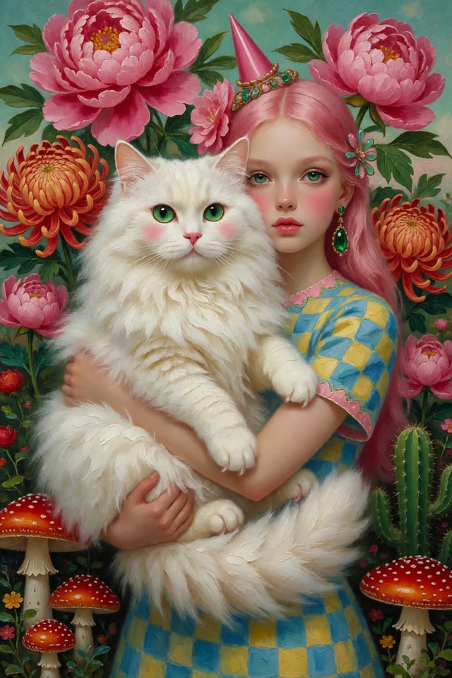 超现实奇幻油画风，竖版构图，粉发少女怀抱一只巨大的雪白长毛猫，少女拥有精致冷艳的面容、红润腮红、碧绿色眼睛，头戴粉色尖角装饰，佩戴绿色宝石流苏耳饰，身穿蓝黄色棋盘格服装。白猫拥有翠绿色大眼睛、粉色鼻头