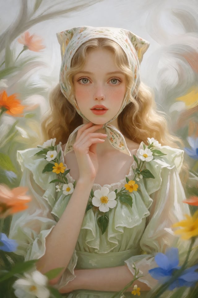 一幅梦幻唯美的数字绘画肖像，画面中央是一位年轻的成年女性，拥有白皙肌肤、淡淡雀斑、浅金色长卷发、大而清澈的浅色眼睛与柔和的五官，神情安静而略带惊讶，微张双唇。她身形纤细，正面朝向观者，肩膀略微倾斜，一