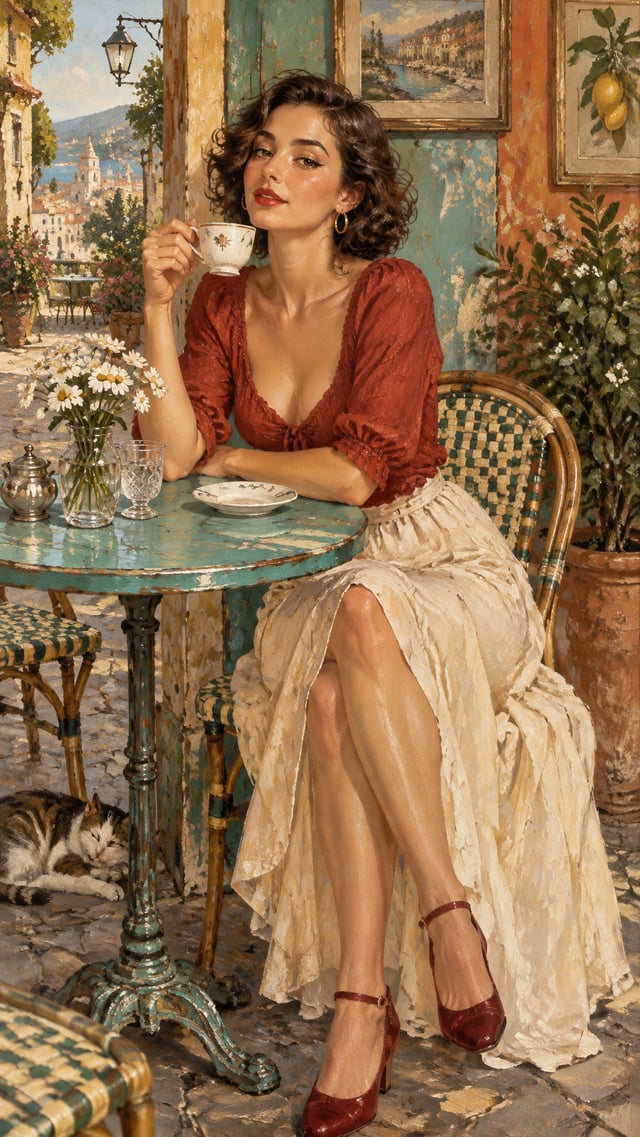 A beautiful young woman sitting at a small vintage European café table, holding a delicate white cer
