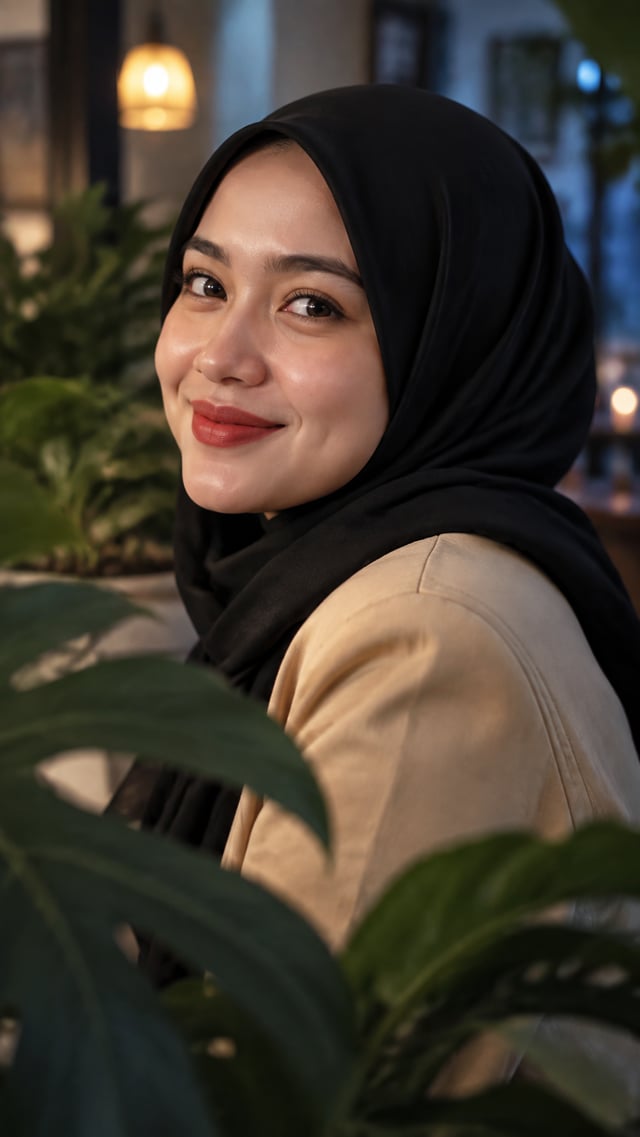A smiling woman in a black hijab and warm beige jacket turns slightly toward the camera, her face fr