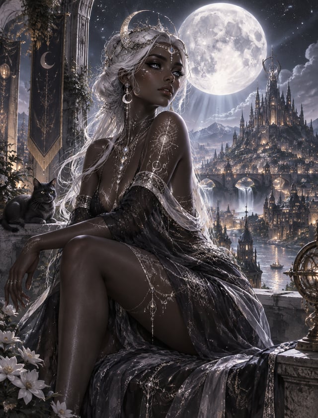 Beautiful dark moon goddess covered in nightly glow with detailed silver features under the moon wit