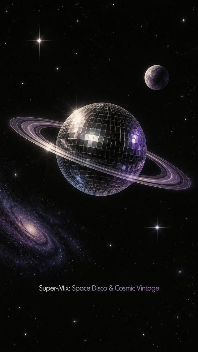 Crea una grafica dal gusto Space Disco e cosmic vintage, con sfondo nero profondo attraversato da un
