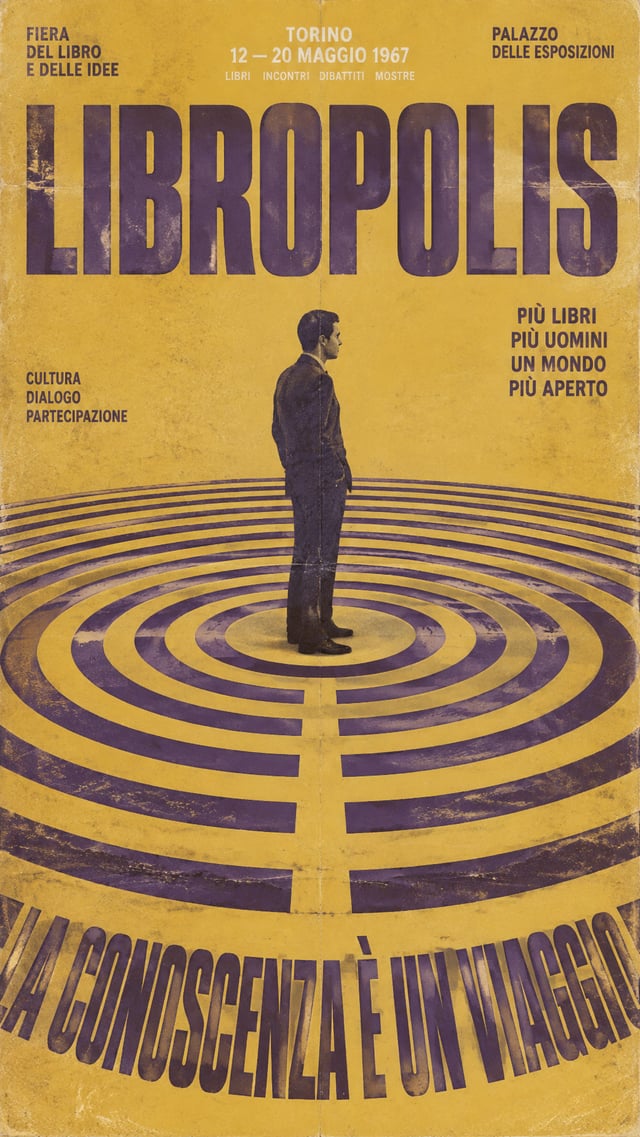 A vertically oriented vintage poster features a solitary black-suited man in profile, standing rigid