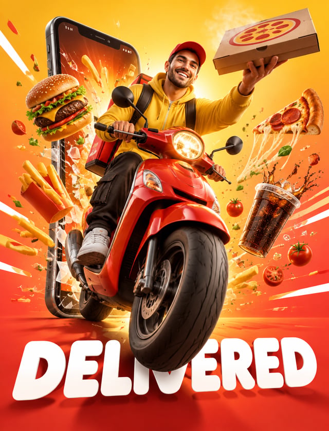 A vibrant hero advertisement poster for a food delivery app. A fictional cheerful male delivery ride