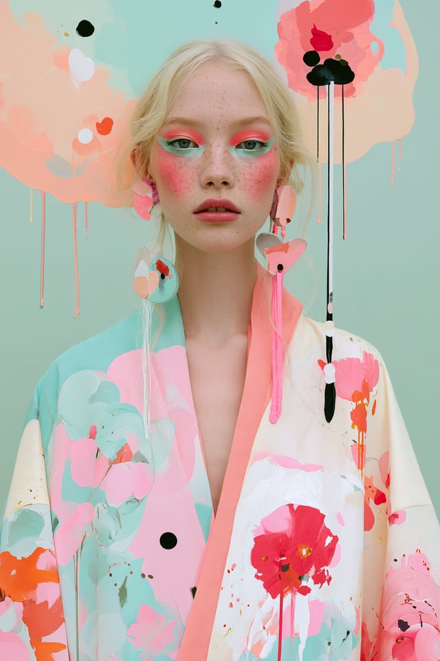 Surreal avant-garde fashion editorial photography, dreamy pastel color palette dominated by mint gre