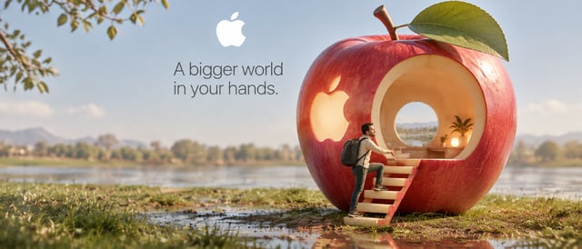Generate Creative 3D ad for [Apple], with surreal object made from it, matching background color, re