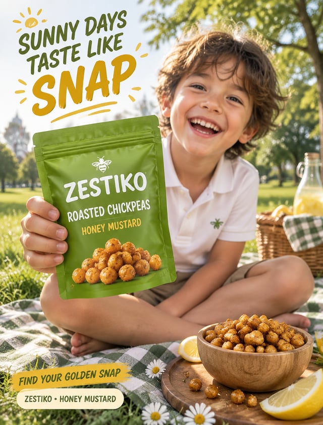 生成一张 4:5 竖版生活方式广告海报成品图，品牌为虚构零食品牌「ZESTIKO」。核心产品：真实的草绿色可重复密封袋——ZESTIKO Honey Mustard Roasted Chickpeas