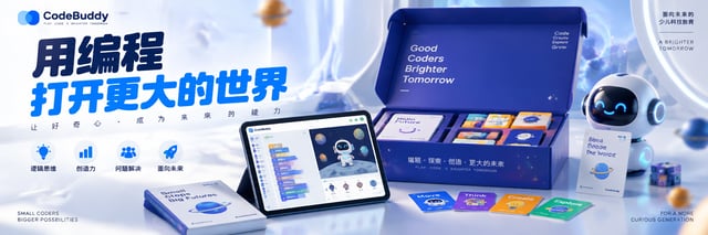 【品牌定位】这不是一张课程海报，而是一场以"未来启蒙"为核心的少儿科技教育战役。产品必须处于"被打开/被探索"的主动状态，建立家长信任与孩子好奇的双重共鸣。画面需呈现：顶级教育科技集团内部创意团队 ×