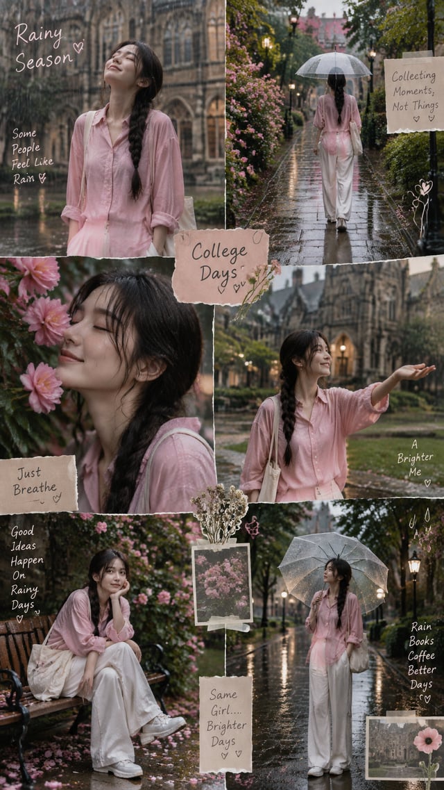 Create an ultra-realistic Pinterest-style rainy season collage in a vertical 9:16 format. The collag