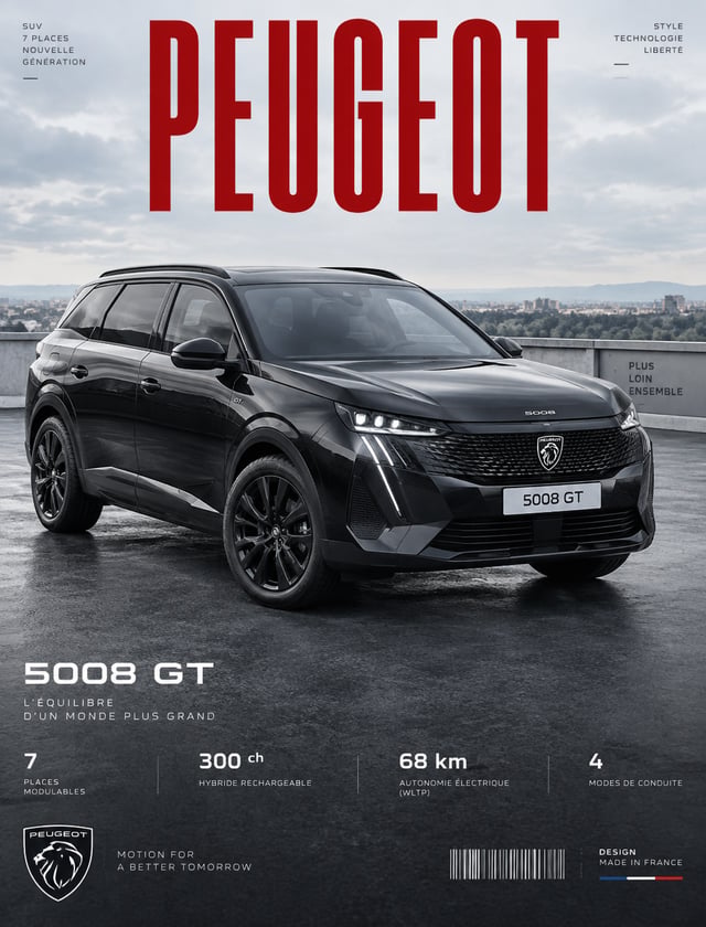 Une Peugeot 5008 GT noire est garée selon un angle dynamique de trois quarts sur une chaussée modern