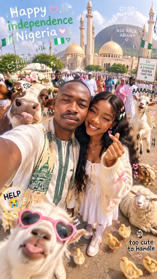 Ultra-realistic super cute chaotic Eid al-Adha selfie photograph in front of a dreamy pastel-toned g