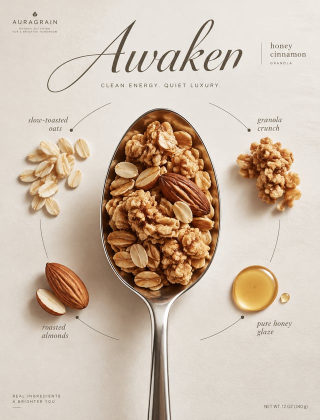 Create a Cannes-level flagship advertising poster for an original premium granola brand named DREAM,