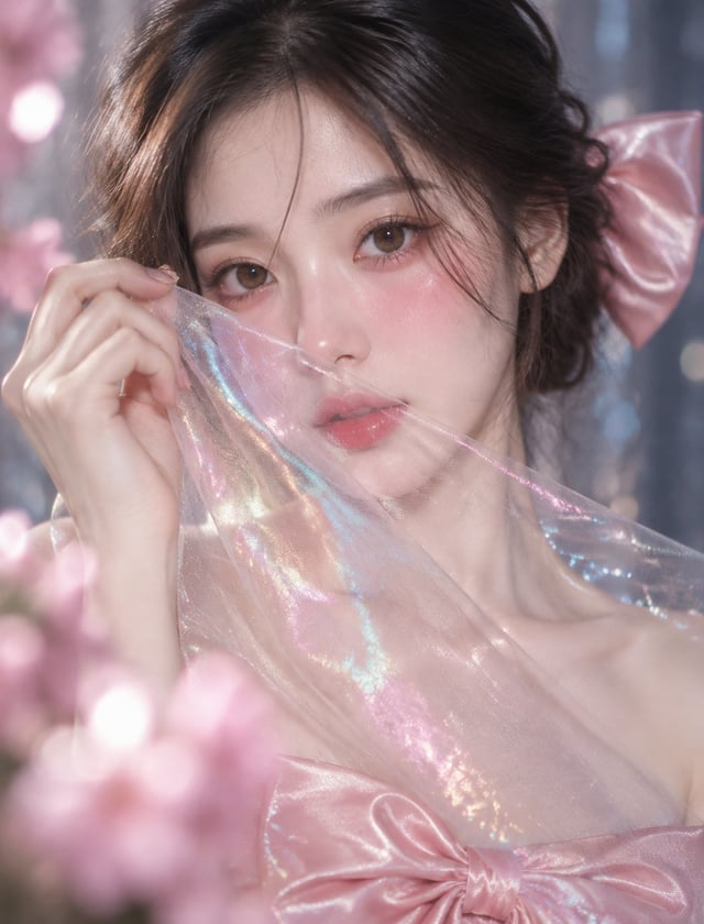 竖构图近景人像，核心是"幻彩薄纱半掩面"的梦幻感。技术关键：薄纱的透明度与虹彩高光（掩面不遮眼）、手指捏纱的自然度、重腮红妆容的真实感。