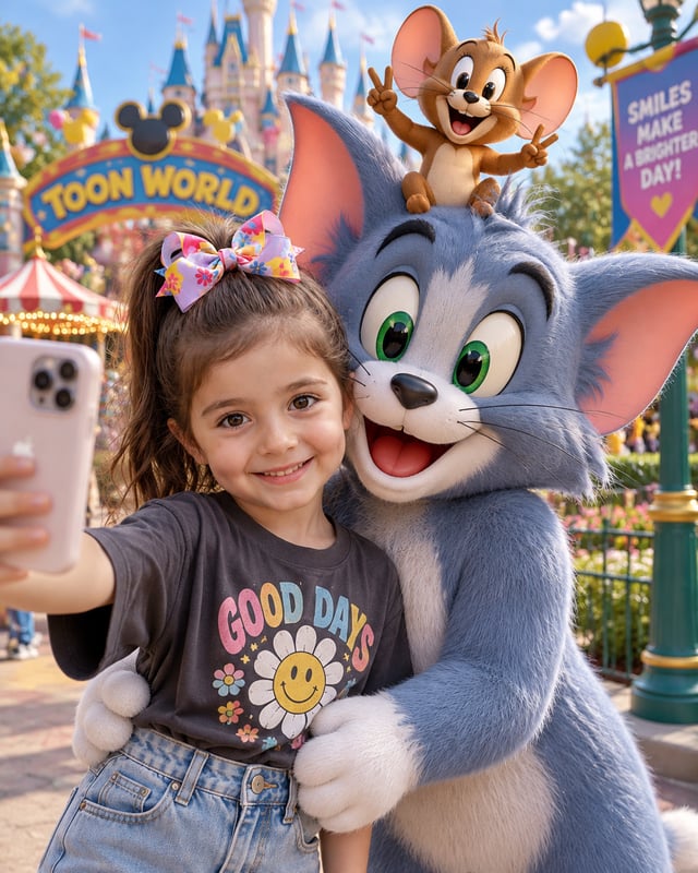 Create a stunning 8K cinematic portrait of a child taking a selfie inside a colorful, cartoon-themed