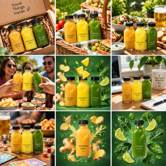 A polished nine-panel advertising collage presents a ginger, pineapple and green shots bottles as th