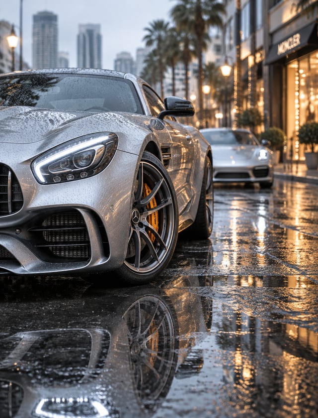 A silver luxury sports coupe dominates the foreground, parked at a shallow angle on a rain-soaked ci