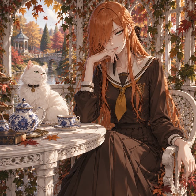 High quality. A detailed anime style. A tall, thin young woman is sitting at a round wooden table in