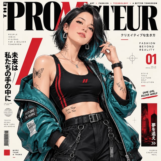 Ultra-detailed anime/editorial magazine cover illustration of a stylish cyberpunk-inspired young wom