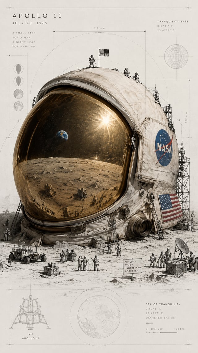 Create a conceptual museum-style illustration for the Apollo 11 Moon landing on July 20, 1969. Creat