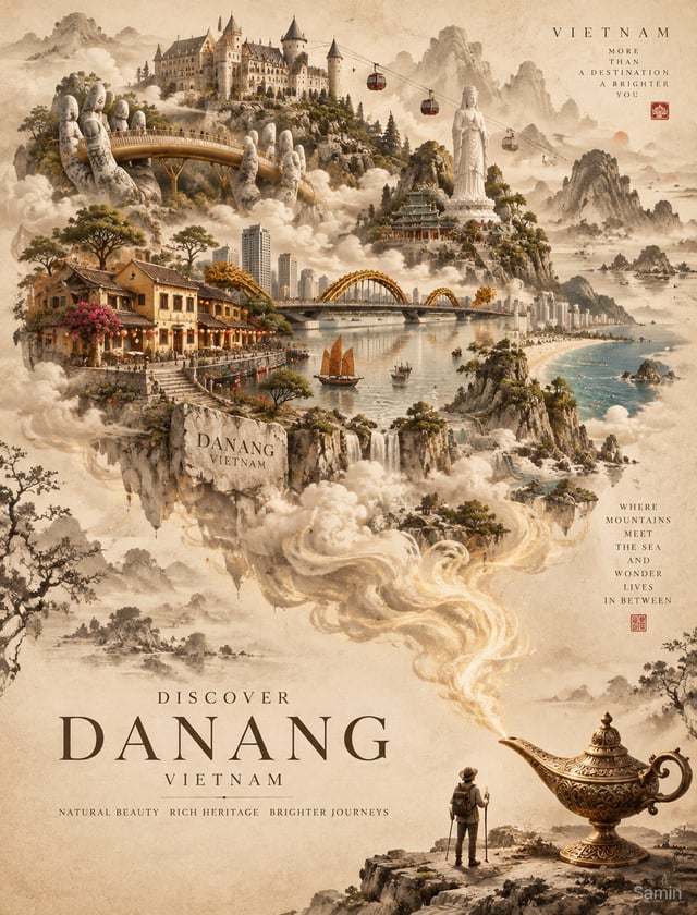Create an elegant, premium travel poster featuring a magical miniature world of Danang City emerging