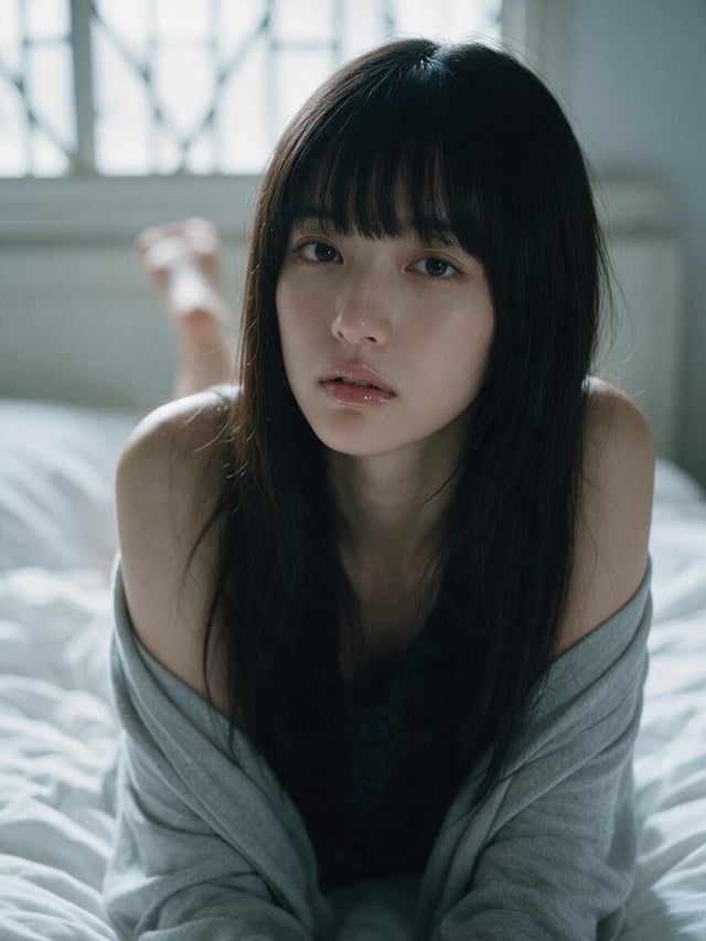 A young woman with long, straight black hair and blunt bangs sits on a white bed, leaning slightly f