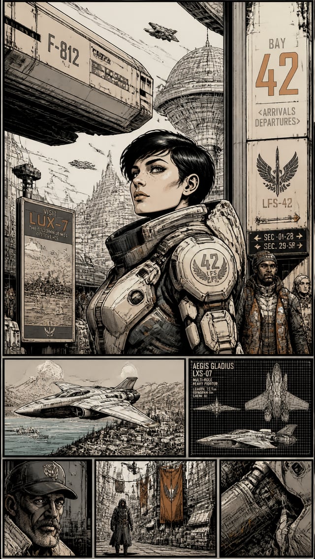 Highly detailed hand-drawn comic-book illustration combining retro-futuristic science fiction, Europ