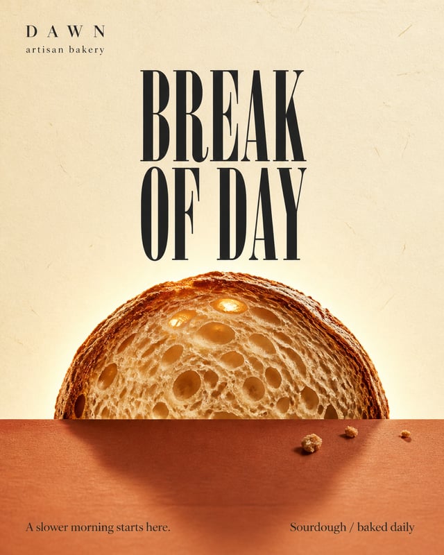 Create a finished vertical 4:5 advertising poster for a fictional artisan bakery called DAWN. Origin