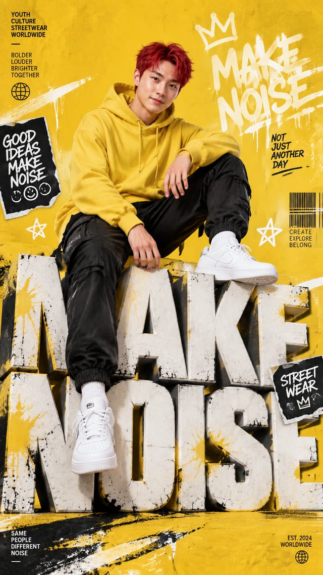 A premium 9:16 streetwear editorial advertising poster.Main Subject:A confident young male model cas